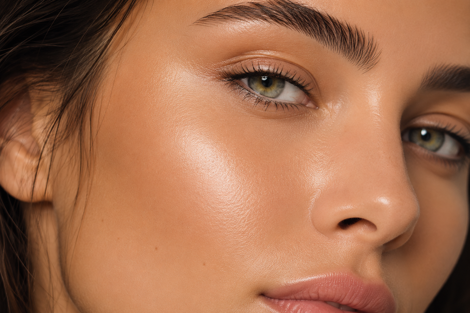 Close no rosto de uma mulher com pele saudável e luminosa
